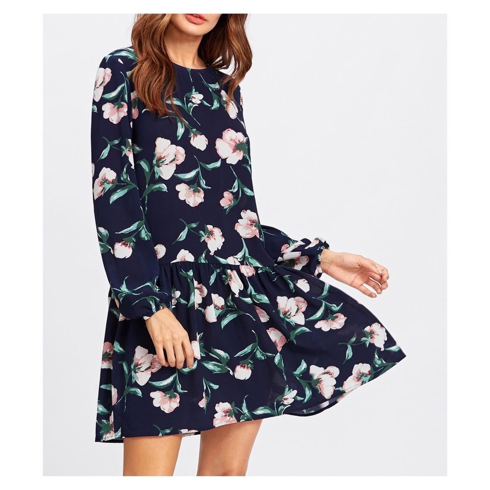 Dark Blue Floral Long Sleeve Shift Dress
